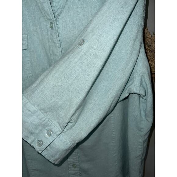 Miss Lili size 2X linen blend blue beachy roll tab half sleeve blouse button up - Picture 3 of 8